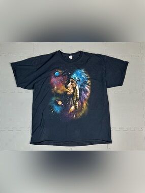 Vintage Native American Chief Galaxy Planet Stars Graphic Black T-Shirt 2XL